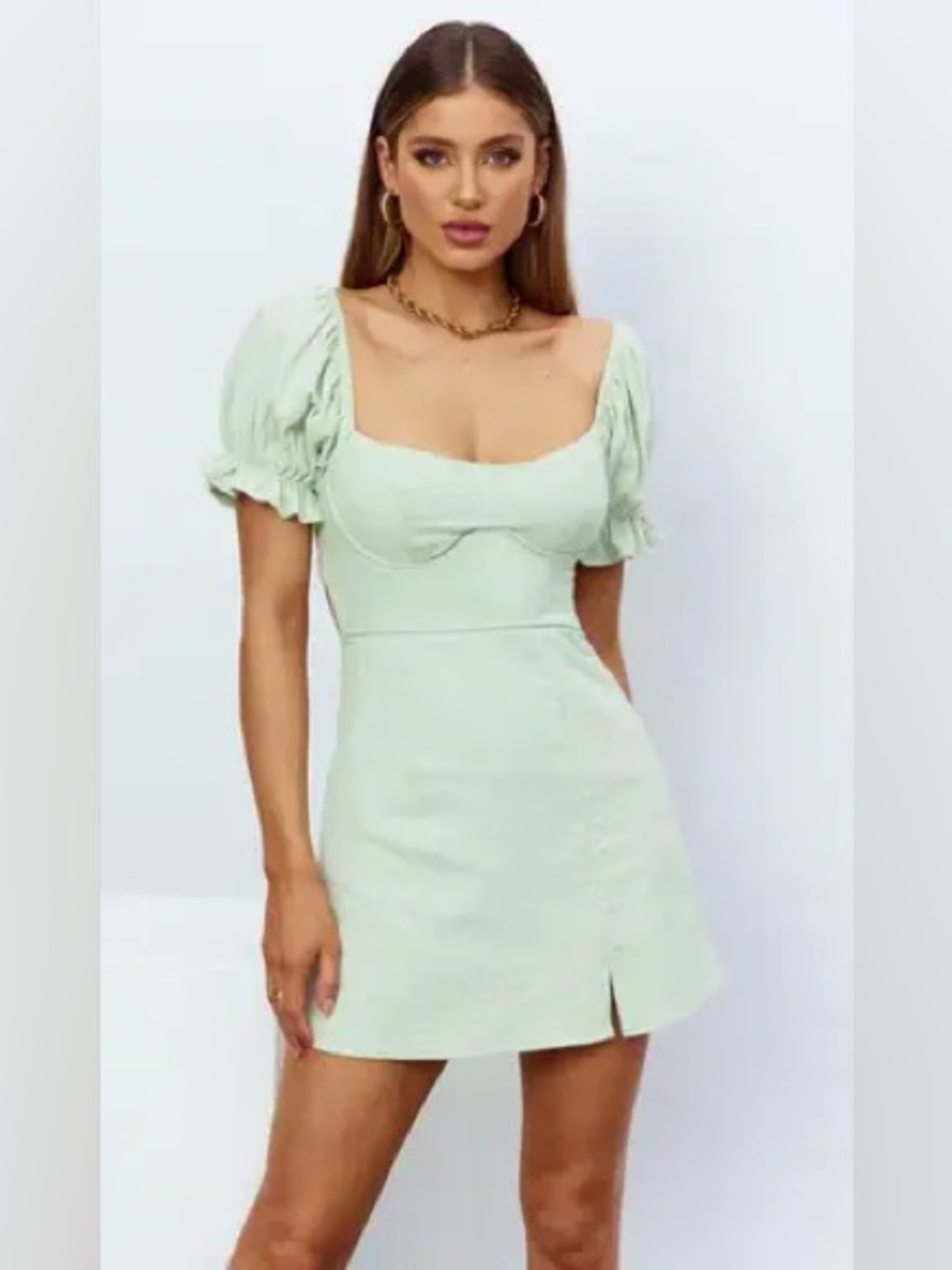 American Threads Mint Green Puff Sleeve Mini Dress